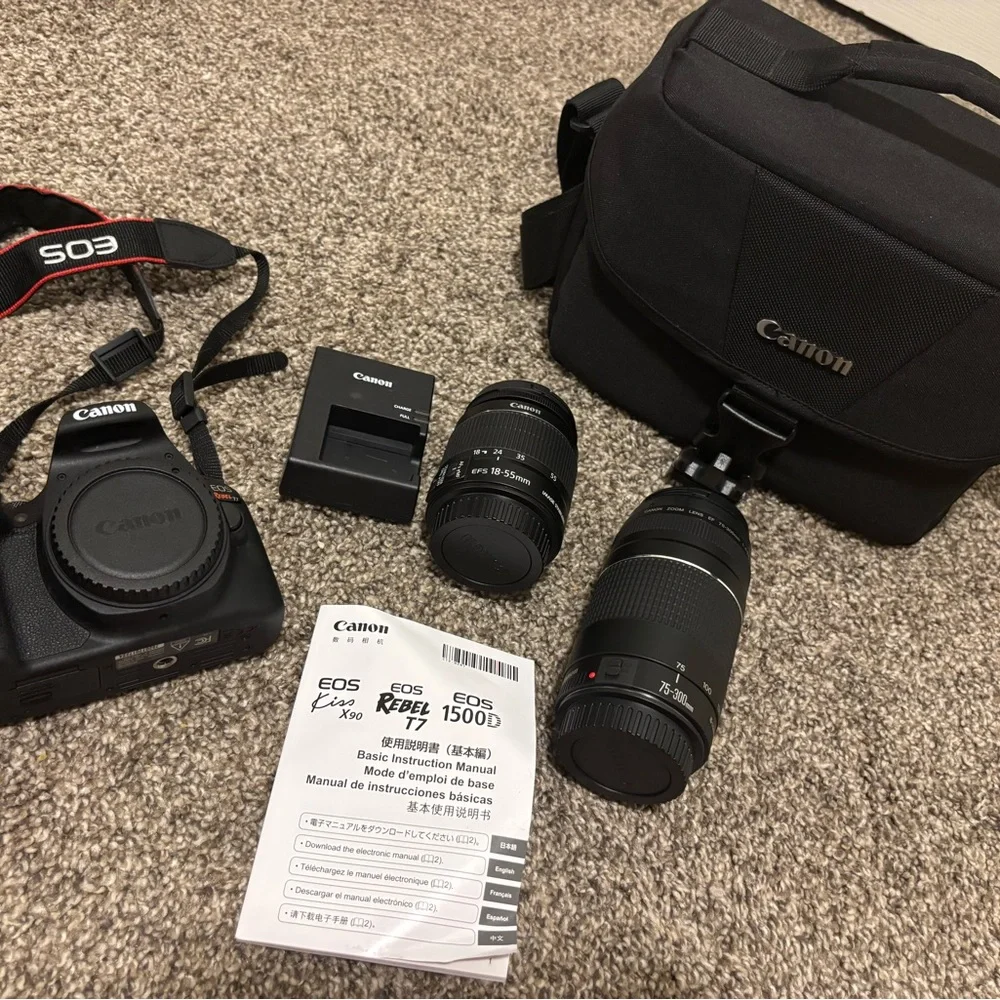 Canon EOS Rebel T7 DSLR Bundle 18-55mm & 75-300mm Lenses, Bag, Strap, Charger.